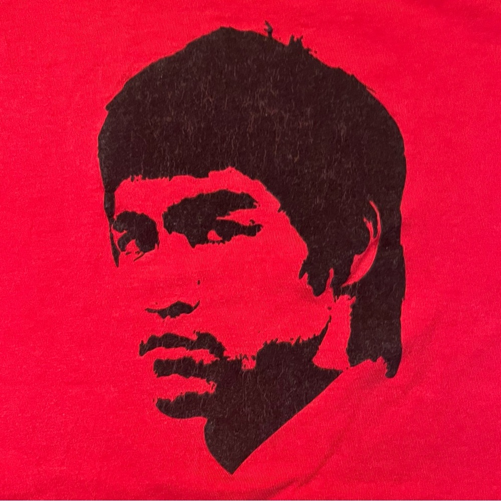 Vintage Y2K t-shirt with iconic portrait of Bruce Lee in unique felted graphic